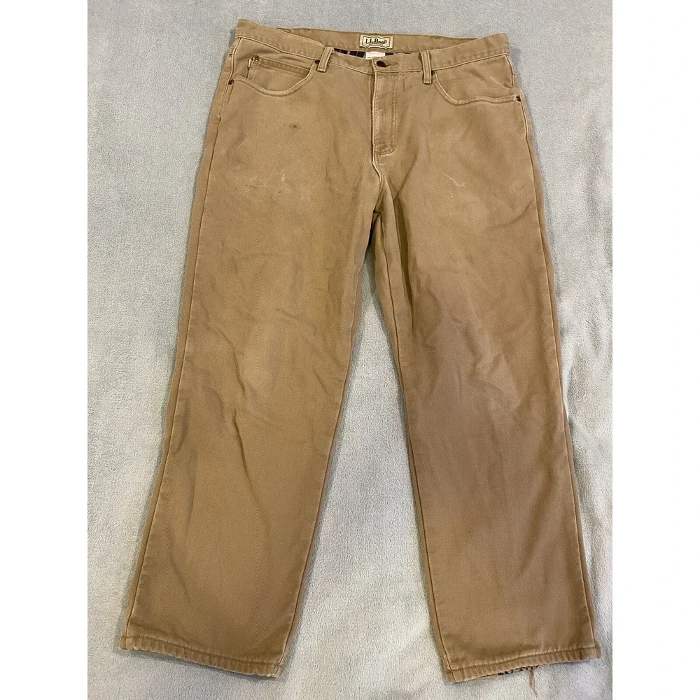 LL Bean Pants Mens 36 Beige Tan Cotton Flannel Lined Khakis Slacks 36x29